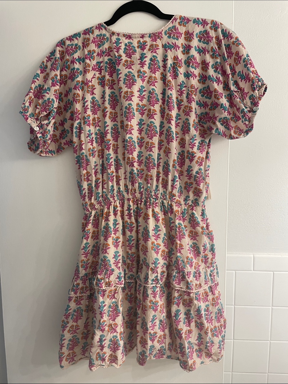 Floral Boho Ruffle Dress in Cream Teal Orange and Pink - Picture 4 of 4